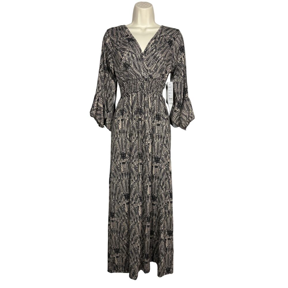 NEW! Lapogee V Neck Wrap Dress Elastic Waist Geo Print Midi Casual Spring - S